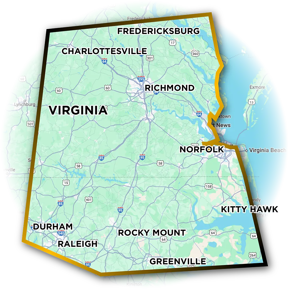 The Solar Doctors service area map for Virginia and North Carolina